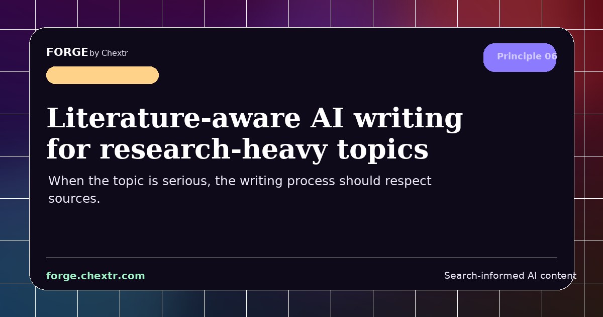 SERPSEOLOGY by Forge visual card for Literature-aware AI writing for research-heavy topics