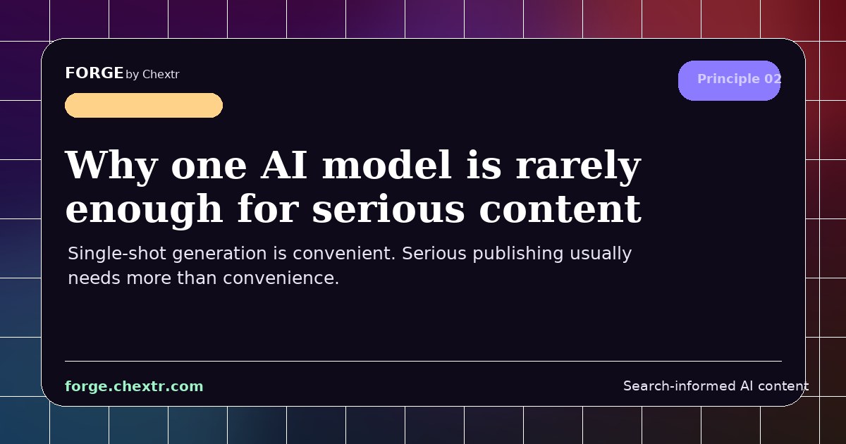SERPSEOLOGY by Forge visual card for Why one AI model is rarely enough for serious content